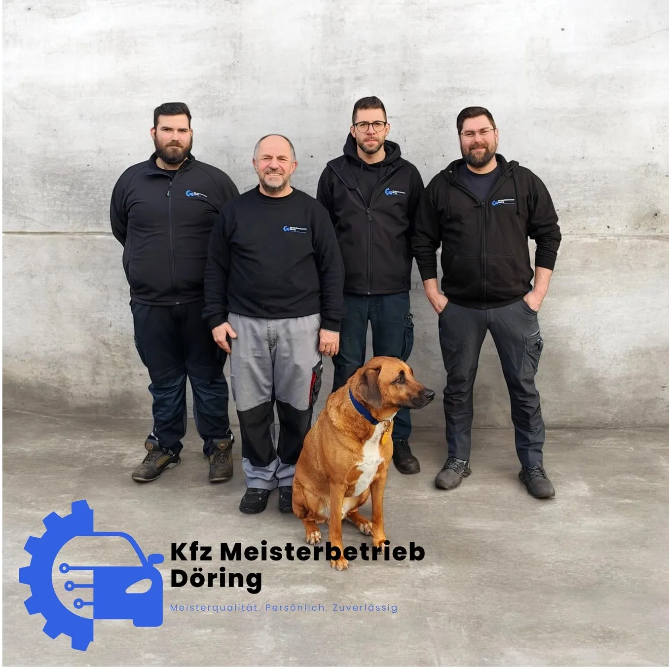 Kfz Döring - Automobil Reparatur, Wartung oder Inspektion -Ehrliche Beratung – Vier Teammitglieder und ein Hund